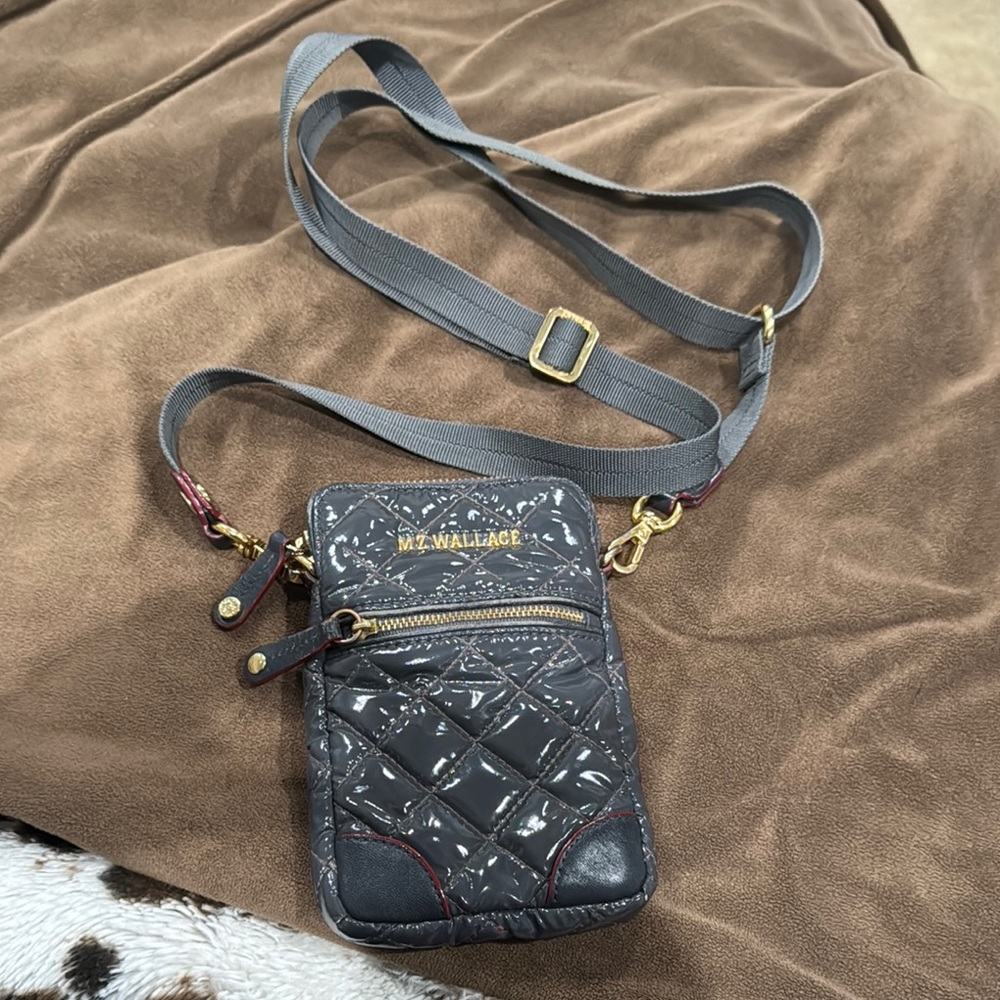 MZ Wallace Metallic Quilted Crossbody in Gray and Gold accents